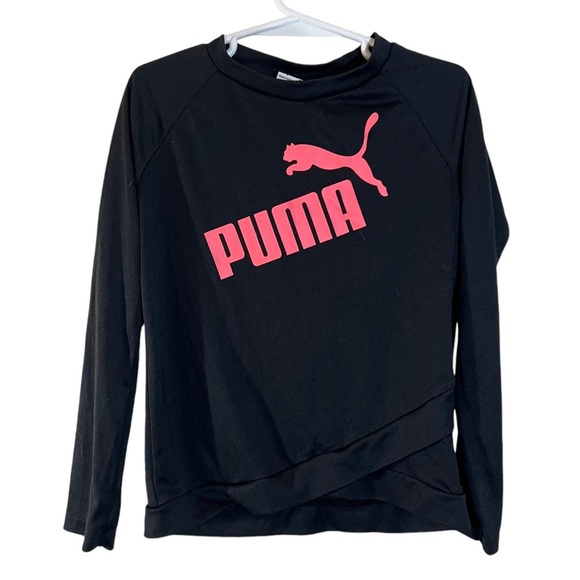 PUMA Girls Long Sleeve Activewear Top Size 6 Pink Logo Black Stretch Pullover - Picture 1 of 5